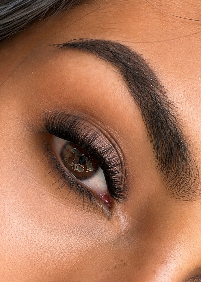 Gros plan œil marron teint hâlé avec faux cils auto-adhésifs NYA Cosmetics gamme Intense nouvelle collection LashCare NYA effet extension regard profond et structuré