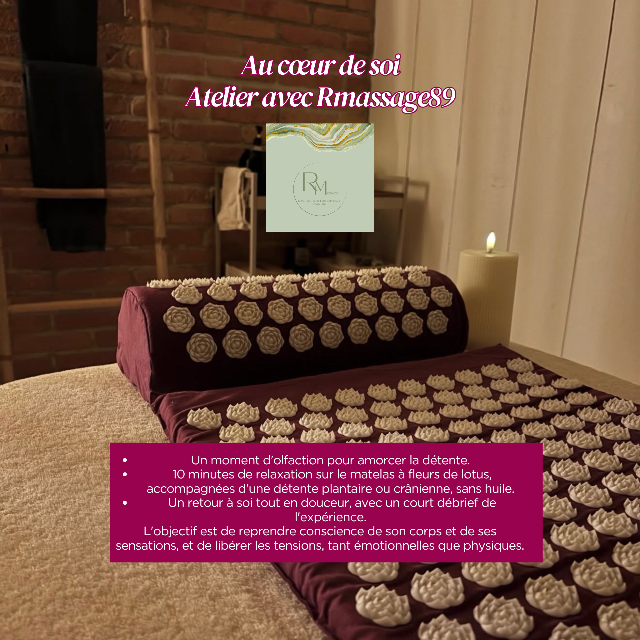 Atelier relaxation Au cœur de soi animé par Rmassage89 lors du NYA Days du 9 juillet 2026, matelas à fleurs de lotus, détente plantaire et crânienne sans huile, moment bien-être et reconnexion à soi dans l'Yonne