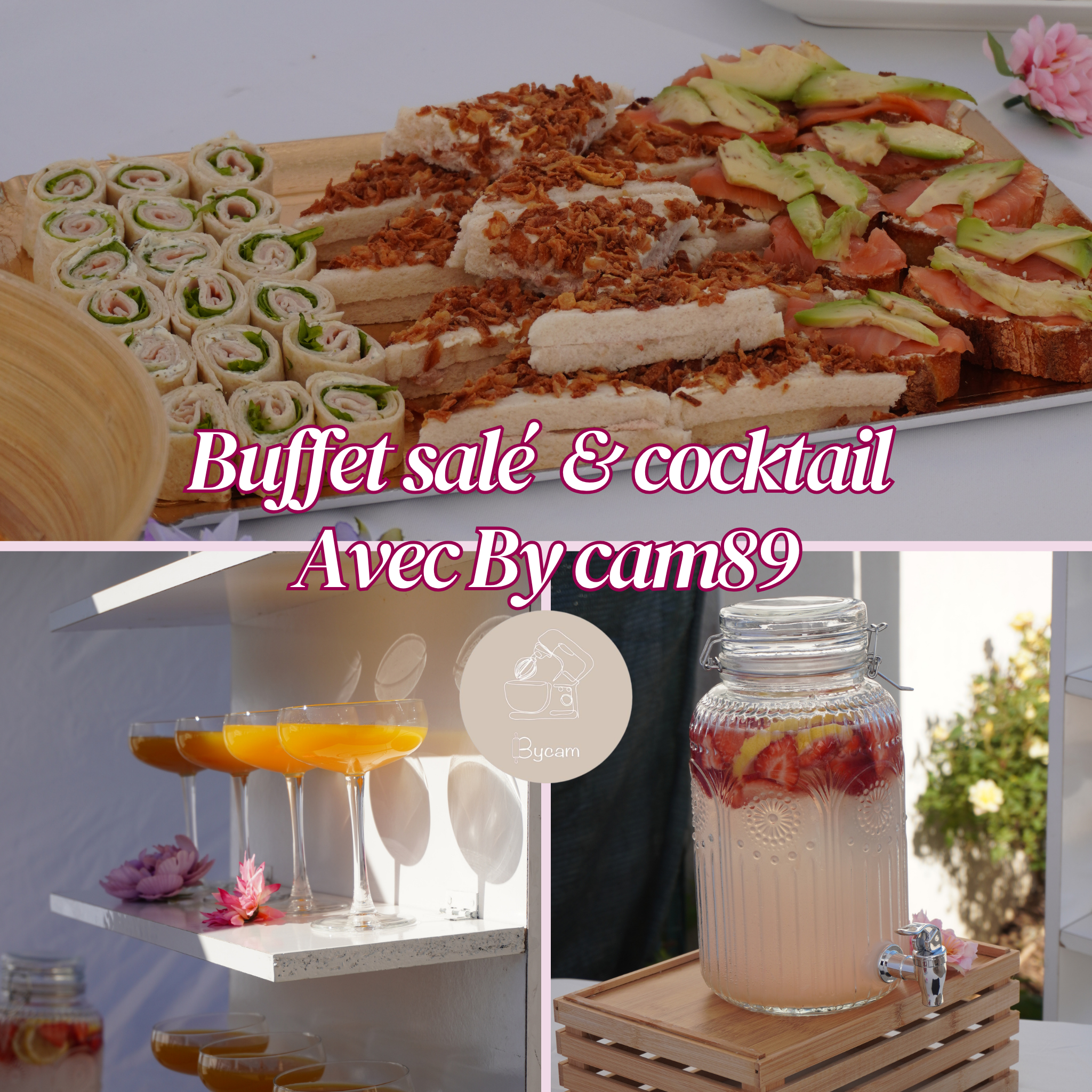 Buffet salé et bar à cocktails préparés par Bycam89 pour le NYA Days du 9 juillet 2026, plateau de sandwichs roulés saumon avocat et limonade fraise inclus dans le prix d'entrée de l'événement beauté entre femmes à l'Institut NYA dans l'Yonne